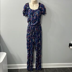 Kingston Grey Blue & Red Floral Short Sleeve Ruffle Belted Jumpsuit Large